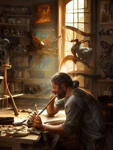 Prompt: a man, sculptor, workin in his art studio. intricate, elegant, highly detailed, digital painting, artstation, cinematic shot, concept art, sharp focus, illustration, by justin gerard and artgerm 8 k