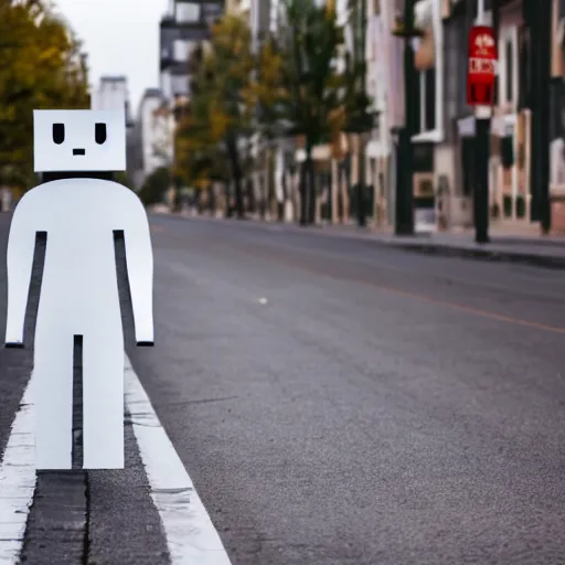 Image similar to cardboard box head guy walking in an empty street