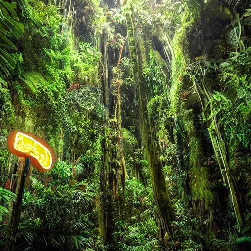 Image similar to a rainforest filled with ancient magical technology and neon lights,