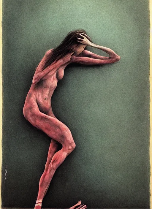 Image similar to ballerina fetal position, painted by zdzislaw beksinski