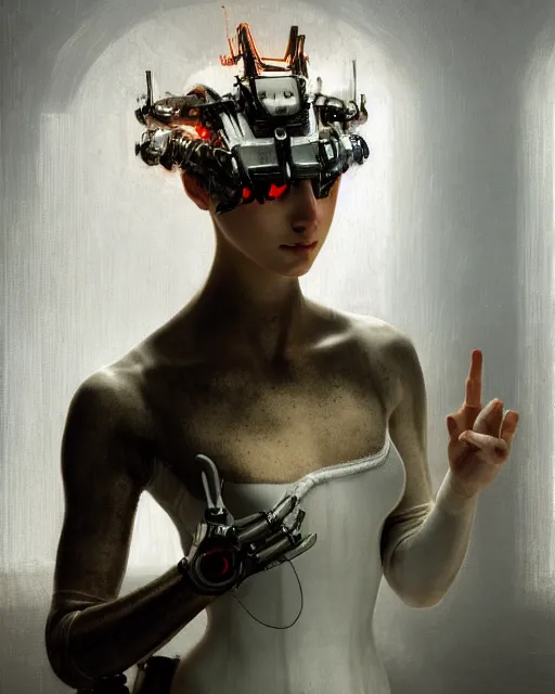 Prompt: 3 / 4 portrait photo by bouguereau of female dancer as a cyberpunk mecha humanoid robotic parts with bright led lights, wearing cyberpunk crown, inside white room, ultra - realistic and detailed, 8 k