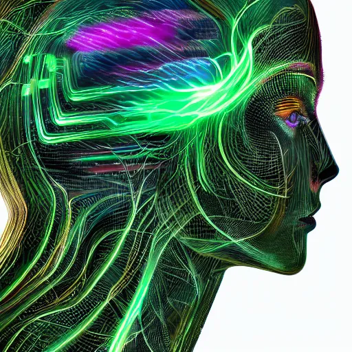 Prompt: a majestic portrait of a female computer algorithm with vascular connected to the cloud using energy beams, digital painting, high detail, 8 k, intricate ornamental details, vibrant iridescent colors, green magenta and gold