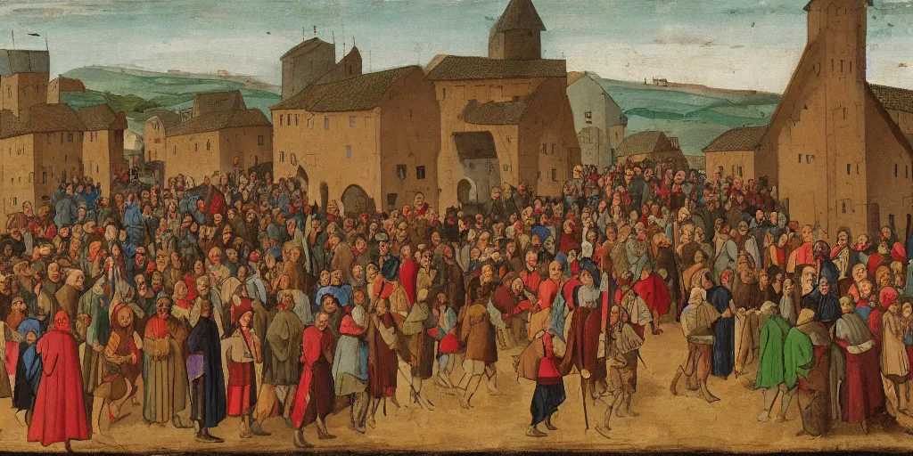 Prompt: color painting of a crowd of medieval villagers cheering and looking at camera, empty road in the middle, eye level view