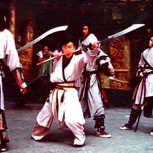 Prompt: xianxia fantasy, french swordsman fighting chinese swordsman, xuanhuan martial artist fighting european knight, chinese swordsman fighting medieval european swordsman, fantasy, wuxia, pseudo - medieval fantasy, cinematic, 1 9 8 6 movie screenshot, - n 9