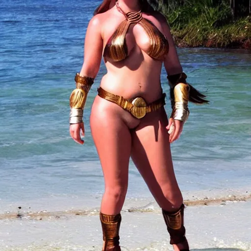 Prompt: slave leia from star wars at the beach