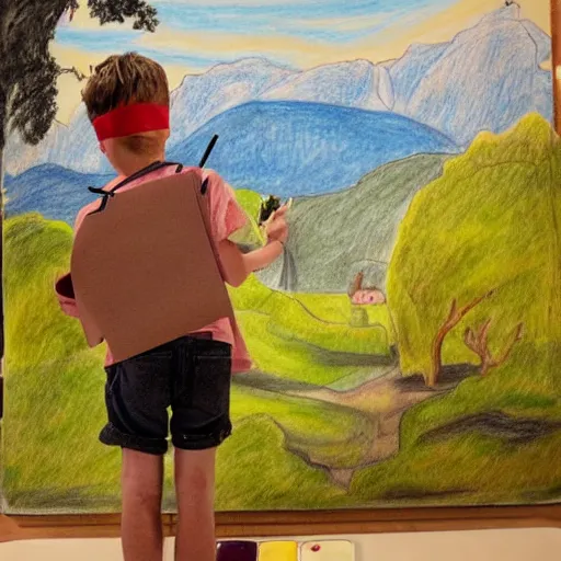 Prompt: boy with a blindfold, drawing sketches on his notebook, colorful painting, in the style of henry thomas schaefer, mountains in the background, masterpiece,