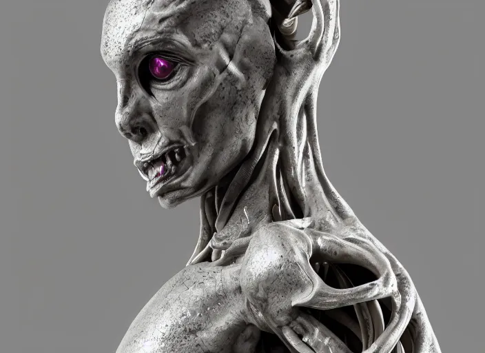 Image similar to stylized shiny polished silver statue full body extra limbs bizarre cosmic horror demonic demon made of marble of slug creature, perfect symmetrical body, perfect symmetrical face, hyper realistic, hyper detailed, by johannen voss, by michelangelo, octane render, blender, 8 k, displayed in pure white studio room