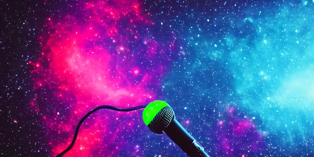 Prompt: Microphone, space, galaxy, glow, neon, closeup,