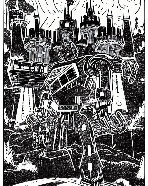 Prompt: an illustration of an autobot that is also a castle, in robot mode, full body, standing in a field on a cloudy day, pen-and-ink illustration, etching, by Russ Nicholson, DAvid A Trampier, larry elmore, 1981, HQ scan, intricate details