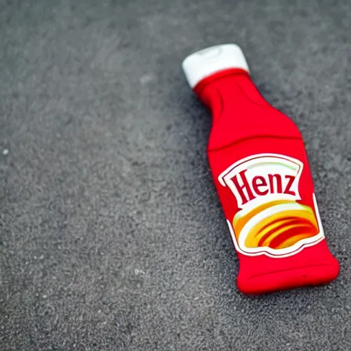Prompt: a heinz ketchup bottle lying on a cement floor