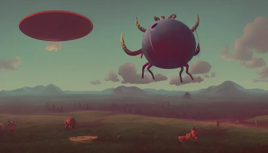 Image similar to baphomet in the sky, blocking the sun, simon stalenhag