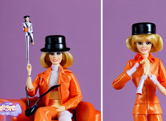 Image similar to a clockwork orange barbie play set, children's toy advertisement, studio photography, close - up