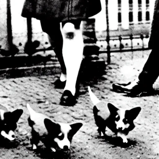 Image similar to ultra wide historical photo of young queen elizabeth and her corgis conquering nazi germany, sharp focus, highly detailed