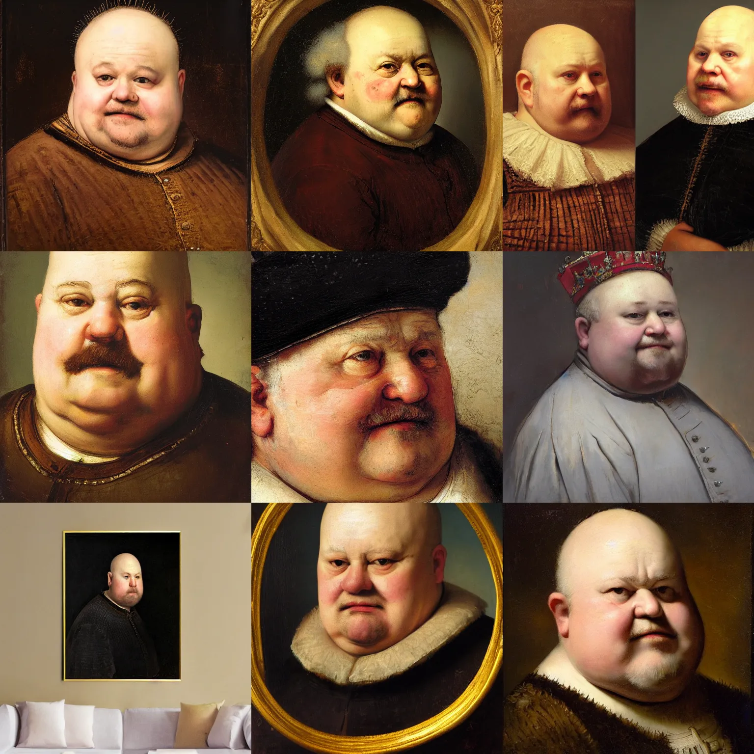 Prompt: high quality character portrait oil painting of fat bald happy mid-aged king with crown by Rembrandt, middle close up shot