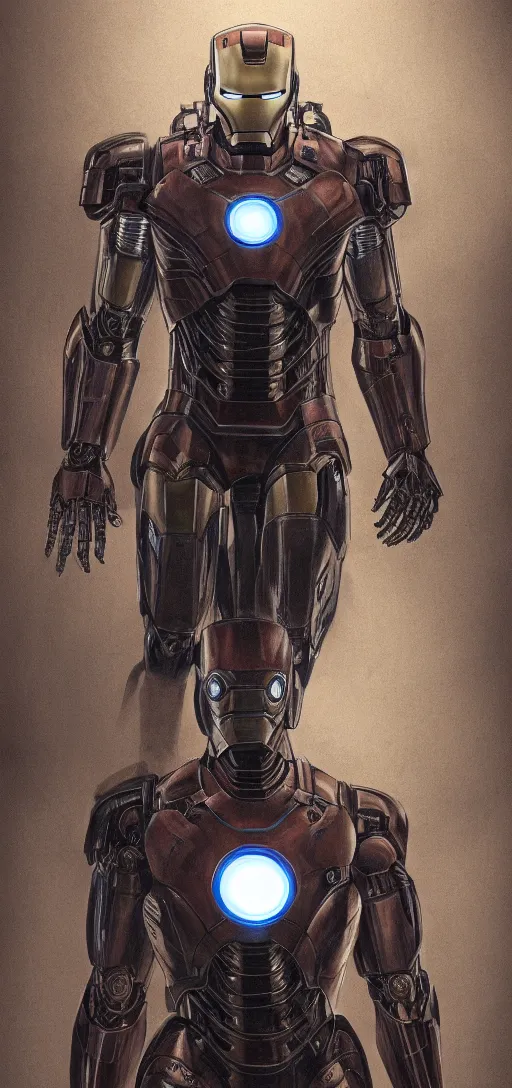 Image similar to steampunk, H.R. Giger design of Iron Man, full body and head, drawing on pencil, ornate, details, smooth, sharp focus, illustration, realistic, cinematic, artstation, award winning, rgb, ethereal blue lighting, 8K,