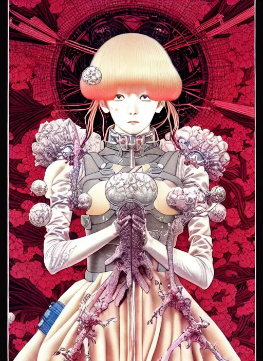 Prompt: highly detailed fate artstation katsuhiro otomo fluorescent fantastic fate manga poster of princess mechine, minaba hideo, takato yamamoto, long hair, armor, laces, ruffles, 8 k, maximalist, art nouveau,