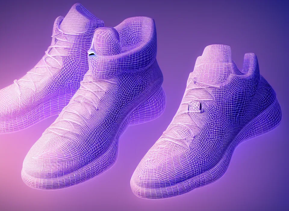 Image similar to realistic 3 d render of a futuristic sneaker, beautiful studio lighting, soft, sharp focus, neon glowing lines, intricate detail, purple and blue leather, soft white rubber, shiny plastic, hexagon mesh, gold filigree, octane render, side view, close up, trending on artstation, deviantart, nike, reebok, salomon