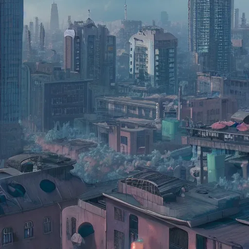 Image similar to A highly detailed matte painting of a city by Studio Ghibli, Makoto Shinkai, Noir, by beeple, by Greg Rutkowski, volumetric lighting, octane render, 4K resolution, masterpiece