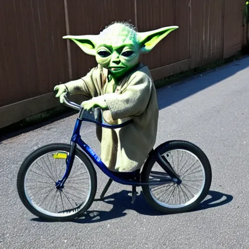 Image similar to baby yoda riding a bike