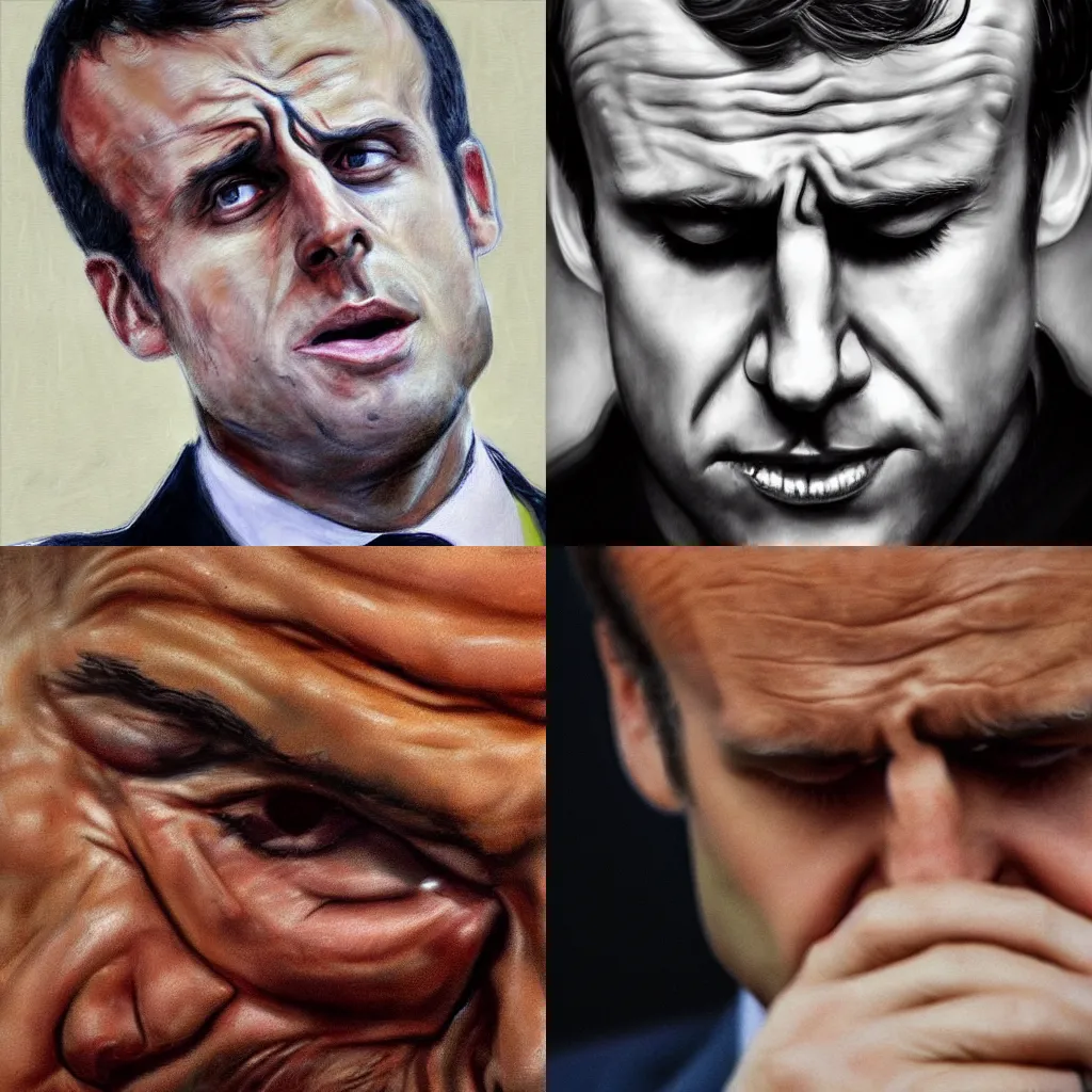 Prompt: Macron crying closeup photorealistic portrait