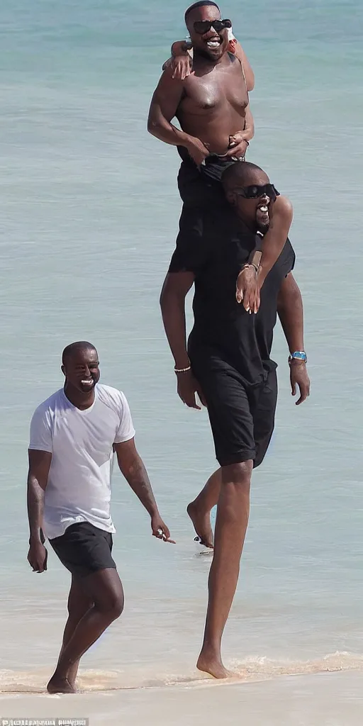 Image similar to elon musk and kanye west happy smiling laughing walking around the beach in aruba