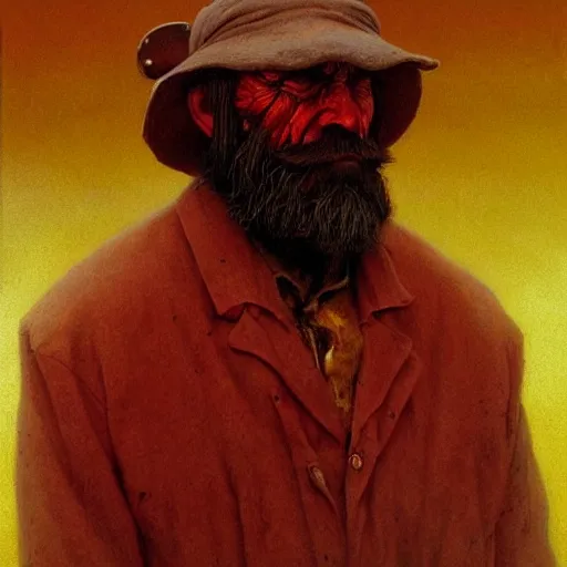 Image similar to Angry Bearded Prospector portrait, dark fantasy, red and gold, artstation, painted by Zdzisław Beksiński and Wayne Barlowe