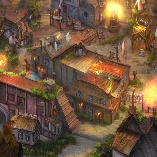 Prompt: large fantasy town filled with people, game concept art, illustration, unreal,