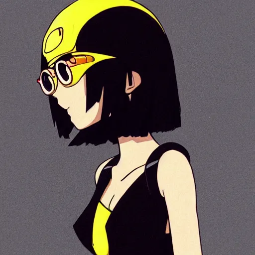Image similar to black - haired girl with bob cut, forehead, short bangs, side profile, cel - shaded, cel - shading, 2 0 0 1 anime, flcl, jet set radio future, strong shadows subsurface scattering, cel shaded