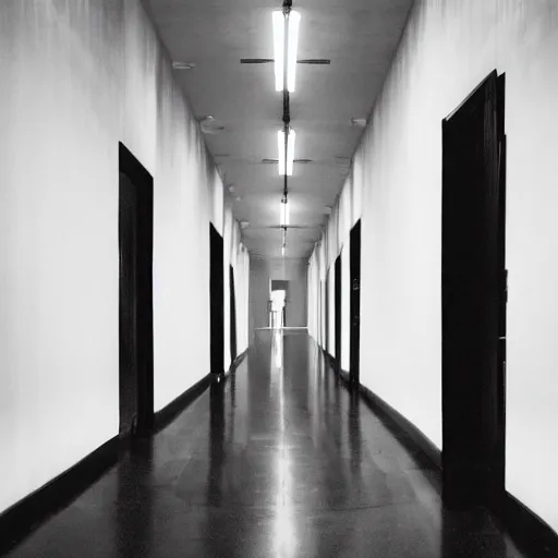 Image similar to noisy color photograph of a liminal space, wide hallways with high ceilings, minimalist, oddly familiar, cinematic, dramatic lighting, soft vintage glow