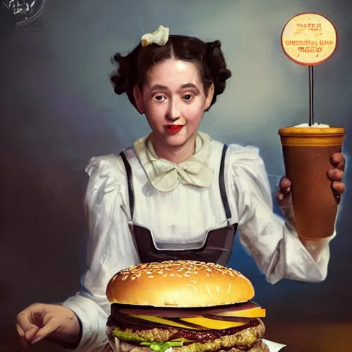 Prompt: a highly detailed epic cinematic concept art CG render digital painting artwork costume design: Albert Einstein as a 1940s French Maid eating a Big Mac Hamburger, voluptuous sesame seed bun, extra ketchup and pickles and onions . By Greg Rutkowski, Ilya Kuvshinov, WLOP, Stanley Artgerm Lau, Ruan Jia and Fenghua Zhong, trending on ArtStation, made in Maya and Photoshop, octane render, excellent composition, cinematic atmosphere, dynamic dramatic cinematic lighting, aesthetic, very inspirational, arthouse