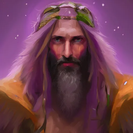 Image similar to A professional digital portrait painting of a D&D druid, painted by Rebecca Sugar, 4k, digital art, trending on cgsociety, highly detailed, upper body shot, shallow depth of field, purple and yellow lighting, professional lighting, airbrush,