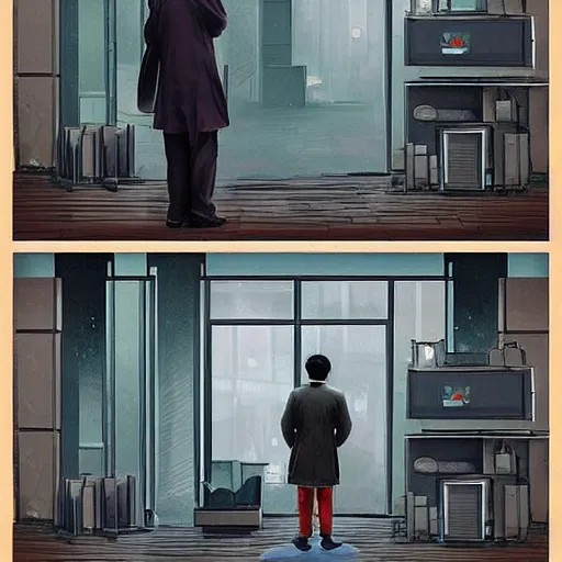 Prompt: On a rainy day, a young scientist stood at the door and looked at the burly Chinese detective standing outside.digital art,trending on artstation.-n 9