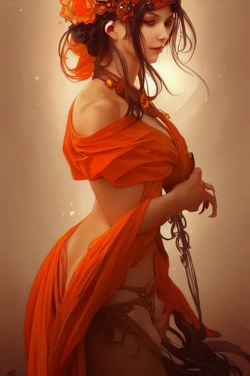 Image similar to orange, dark fantasy, intricate, elegant, highly detailed, digital painting, artstation, concept art, matte, sharp focus, illustration, art by artgerm and alphonse mucha