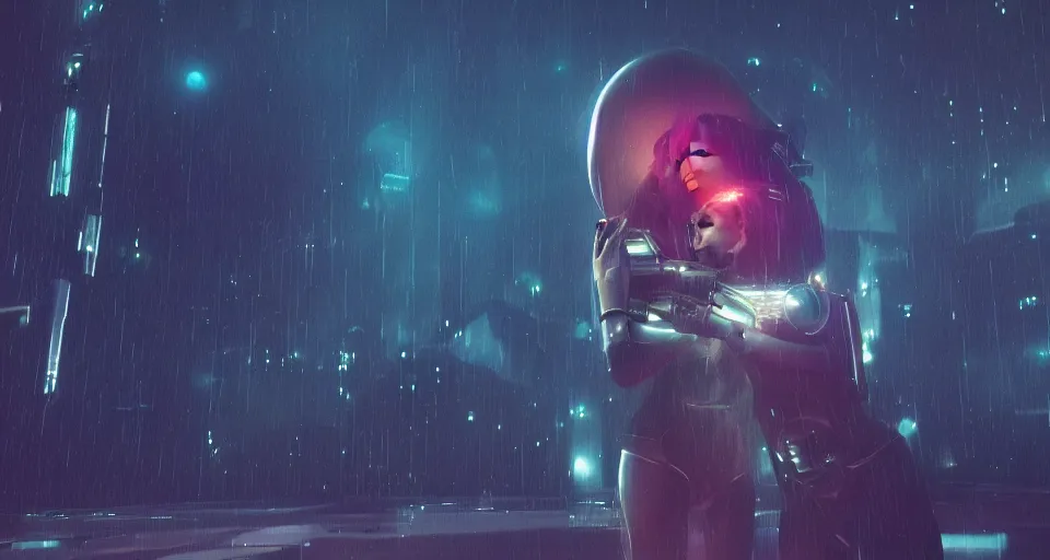 Prompt: a very beautiful still of a space travelling woman hugging a cyborg from blade runner, rendered by beeple, by makoto shinkai, syd meade, sci - fi, space art concept, digital art, unreal engine, wlop, trending on artstation, 4 k uhd image, octane render,