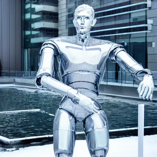 Image similar to made of ice, a realistic detailed photo of a guy who is an attractive humanoid who is half robot and half humanoid, who is a male android, on display, blank stare, showing off his muscles, shiny skin, posing like a statue, by the pool, frozen ice statue, twitch streamer / gamer ludwig, humanoid robot