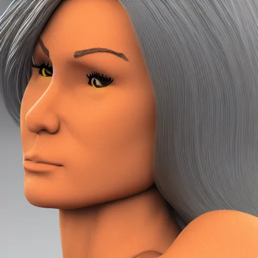 Prompt: an action - figure of a voluptuous, muscular, woman with long brown, wavy hair, grey, yellow, 8 0 s, 8 k, high - res, cinema 4 d