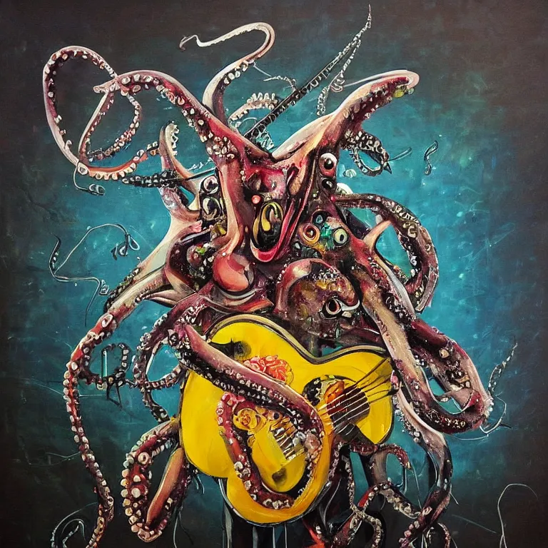 Image similar to a beautiful painting by bordalo ii of an octopus playing drums and telecaster guitar in an electronic concert, dark background, concert light, dark mood, warm lights