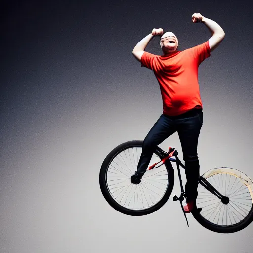 Image similar to george costanza riding a unicycle and juggling, joyful smile on face, spotlight lighting, professional photograph, 4 k