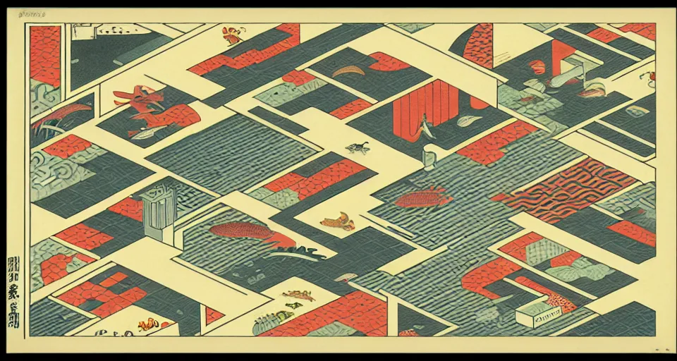 Image similar to isometric urban dashboard with time series charts, pie plots and other modern graphics, with small creatures swimming on it. monografia by diego rivera ( ukiyo - e influence )