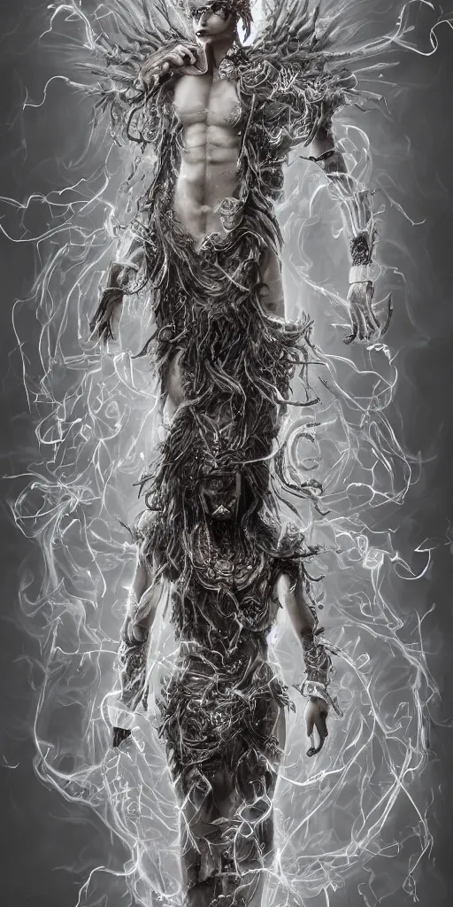 Prompt: full body and head , spiked black hair character design of realistic asian Sumerian Death Goddess ivory skin runic icons + mystical symbols, with small bleached bones covering vest and flowing electricity and smoke , fantasy, intricate, elegant, highly detailed , peter mordenbacher,Mike Winkelmann, ultra realistic, intricate, epic lighting, 8k , unreal engine 5, ultraviolet colors