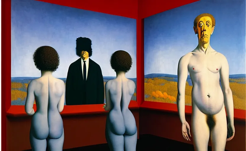 Image similar to the lovers by rene magritte by the mars volta album cover, extremely intricate and detailed, by painted by francis bacon, adrian ghenie, and james jean. 8 k cinematic lighting, hyper realism