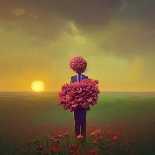 Image similar to giant rose flower head, frontal, girl in a suit, surreal photography, sunrise, dramatic light, impressionist painting, digital painting, artstation, simon stalenhag