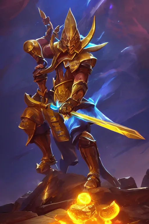 Image similar to a magical golden weapon, d & d, league of legends, concept art, blue background, dramatic lighting. realistic, epic legends, game icon, global illumination, ian pesty