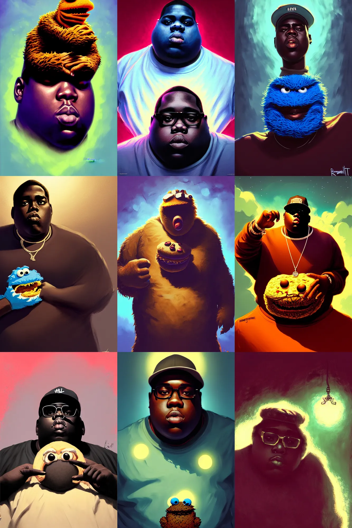 Prompt: the notorious b. i. g. as the cookie monster, dramatic lighting, chill vibe, unreal engine 5, shaded lighting poster by magali villeneuve, artgerm, jeremy lipkin and michael garmash, rob rey and kentaro miura style, trending on art station