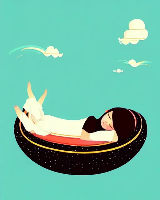 Prompt: beautiful painting of little girl sleeping on her flying bed, art by petros afshar, art by cheng hsiao - ron, sky night, illustration, highly detailed, simple, smooth and clean vector curves, no jagged lines, vector art, smooth, artstation