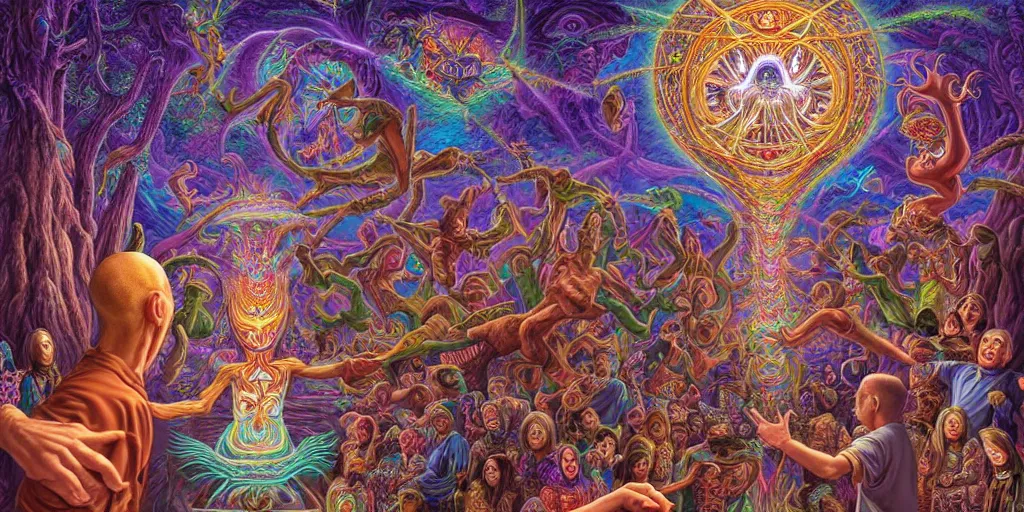 Image similar to hyper detailed portrait of a dmt spirit guide greeting a lost psychonaught, friendly dmt time elves, cathedral background, masterpiece composition, 8 k resolution, ultra fine illustration, alex grey, todd schorr, casey weldon, tokio aoyama, highly detailed,