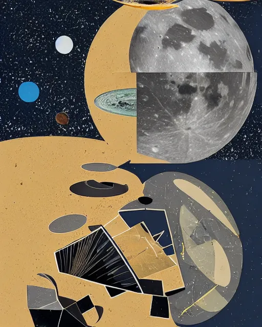 Image similar to A collage, made of random shapes cut from magazines, of Space Travel, landing on the moon, mid-century modern.