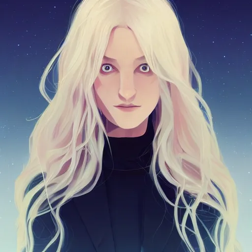 Image similar to portrait of Neil Gaiman with beautiful long pale blond hair, night time, ambient lighting, 4k, anime key visual, lois van baarle, ilya kuvshinov, rossdraws, artstation