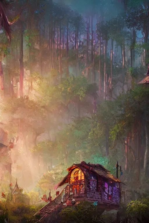 Prompt: a cheerful and whimsical ramshackle multistory hut in the woods, intricate, elegant, fantasy, highly detailed, digital painting, concept art, sharp focus, illustration, beautiful volumetric lighting, epic light, artstation, magic hour lighting, colorful, sunshine, springtime, art by Pixar