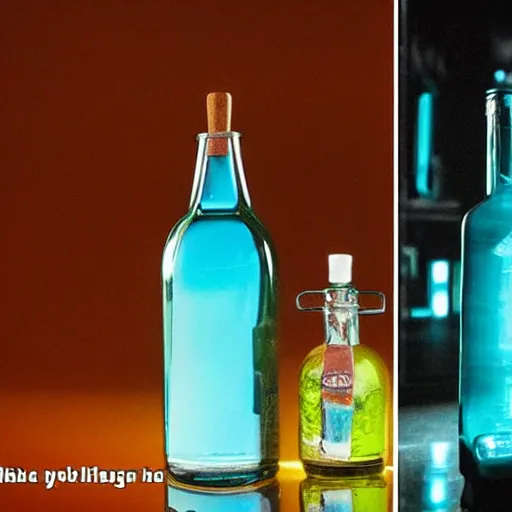 Image similar to Two magical bottles, the left bottle is filled with a fantasy world, the right bottle is filled with a cyberpunk world